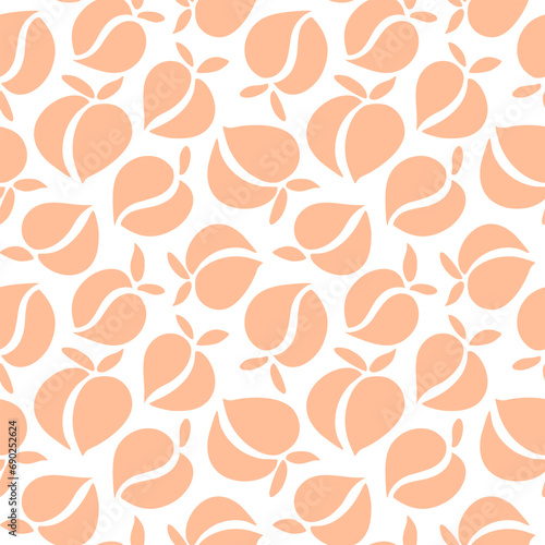 Peaches seamless pattern in trendy peach fuzz color. Summer fruit background for paper, fabric, interior.