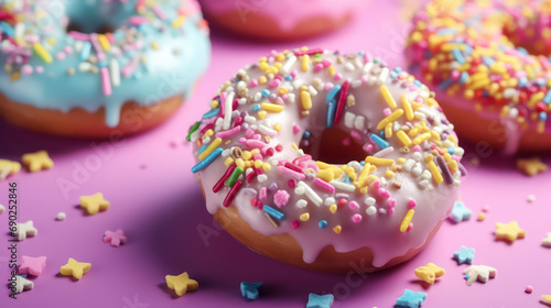 Frosted Glazed colorful icing doughnuts with sprinkles, Sweet tasty American dessert bakery party birthday celebration