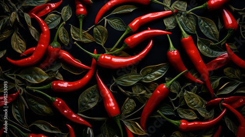 Red Chili pepper pattern. Hot red pepper. Savor the Intense Heat of Hot Chili Peppers. Black background © Vladimir