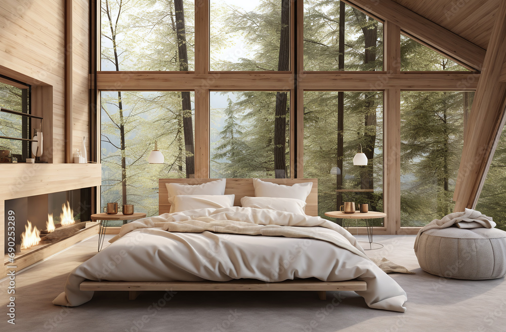 Great cozy cabin bedroom interior with big windows Great cozy cabin bedroom interior with big windows