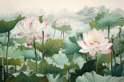 hand-drawn watercolor painting of a beautiful lotus lake. Landscape painting with blooming lotus flowers, pink petals, buds, large leaves, aquatic plants Generative AI