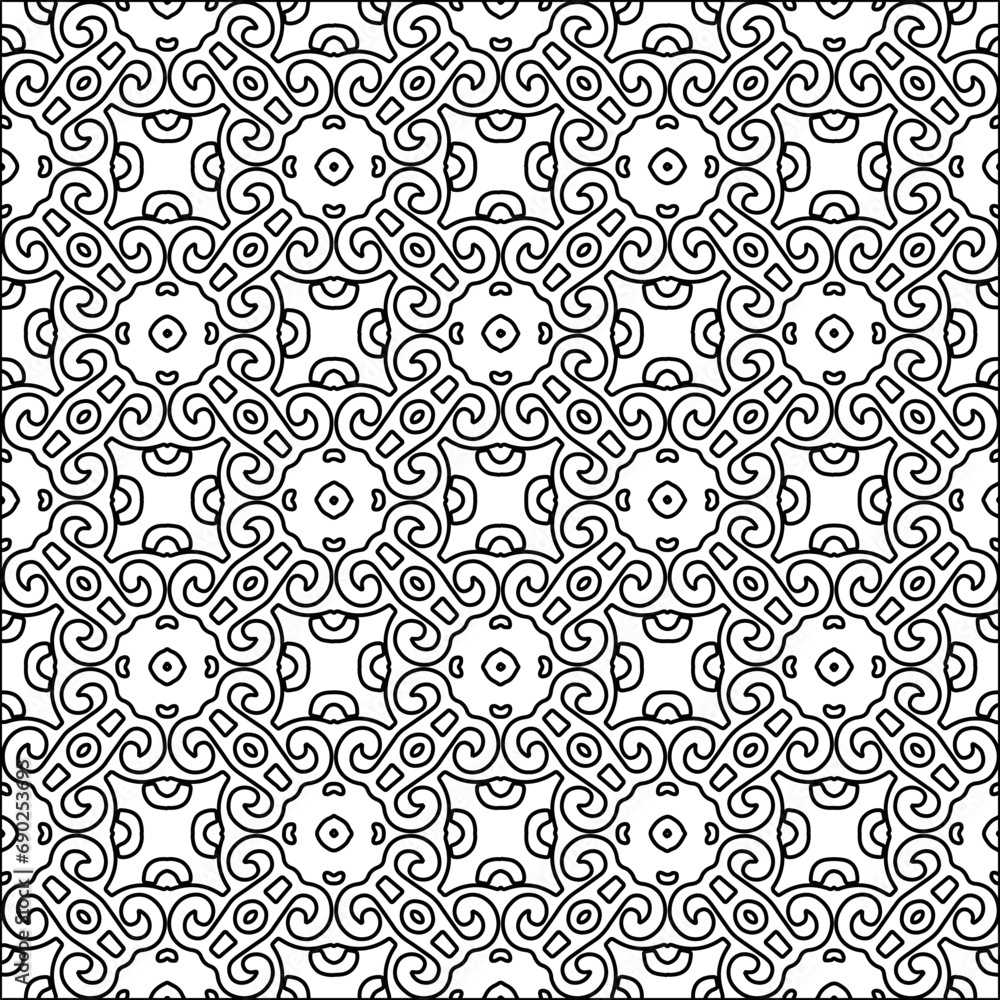 
Black lines on white background.
Wallpaper with figures from lines. Abstract patterns. Black  pattern for web page, textures, card, poster, fabric, textile. Monochrome design. 