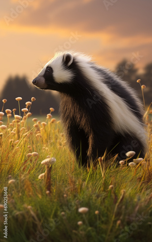 A black and white skunk in a grassy field