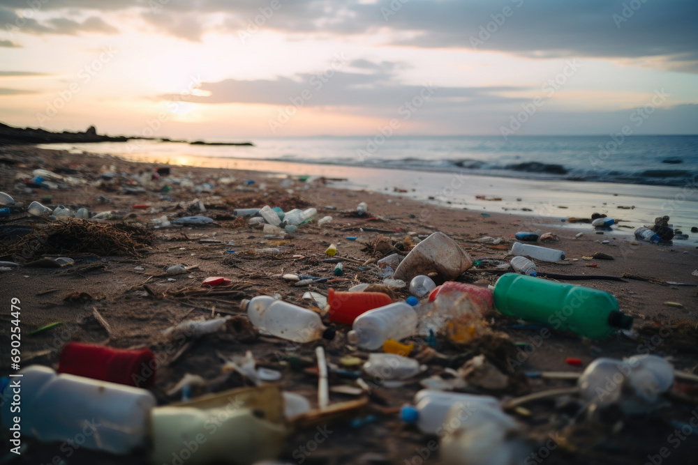 Polluted Shoreline: Plastic Waste on Beach Polluted Shoreline: Plastic Waste on Beach