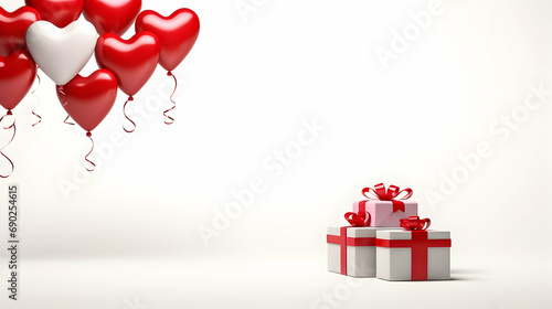 Gift boxes with red ribbon and hearts balloons on the white background. Valentine's Day banner. Copy space.