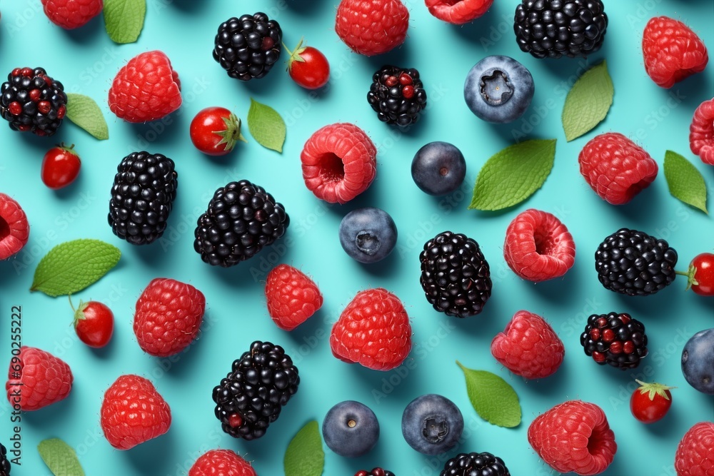 Colorful fruit pattern of wild berries on blue background. Raspberries, blueberries and blackberries. Top view. Flat lay. generative ai. Colorful fruit pattern of wild berries on blue background. Raspberries, blueberries and blackberries. Top view. Flat lay. generative ai.