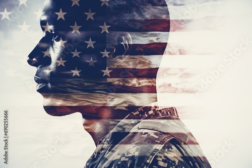 Portrait of a soldier in a military uniform on the background of the American flag photo