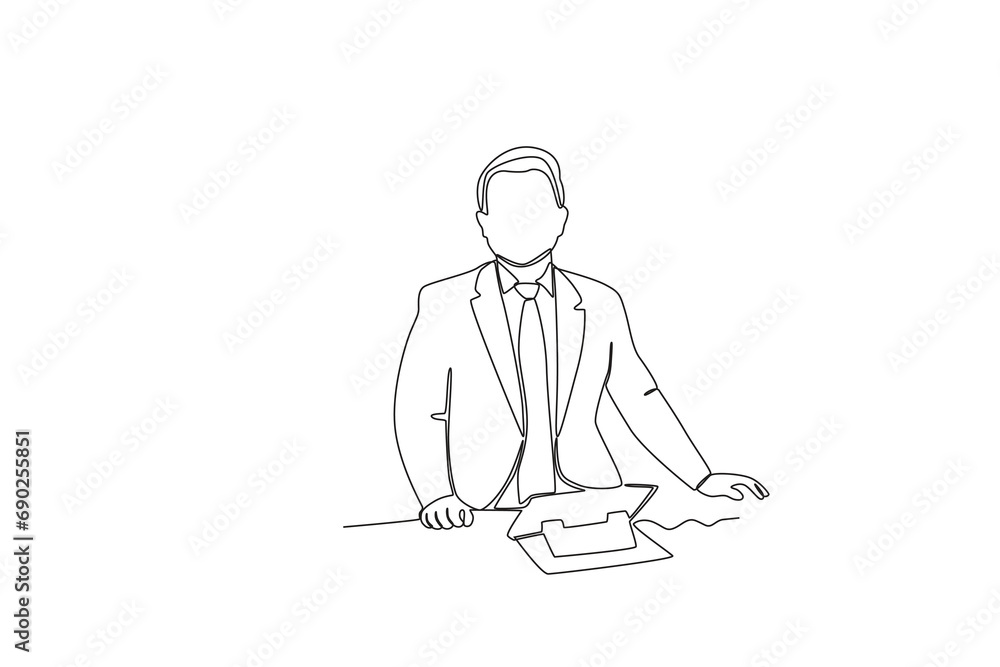 Continuous one line drawing TV news anchorman. News anchor broadcasting the news with a reporter live on screen. Journalist or reporter holding microphone. Single line draw design vector illustration.