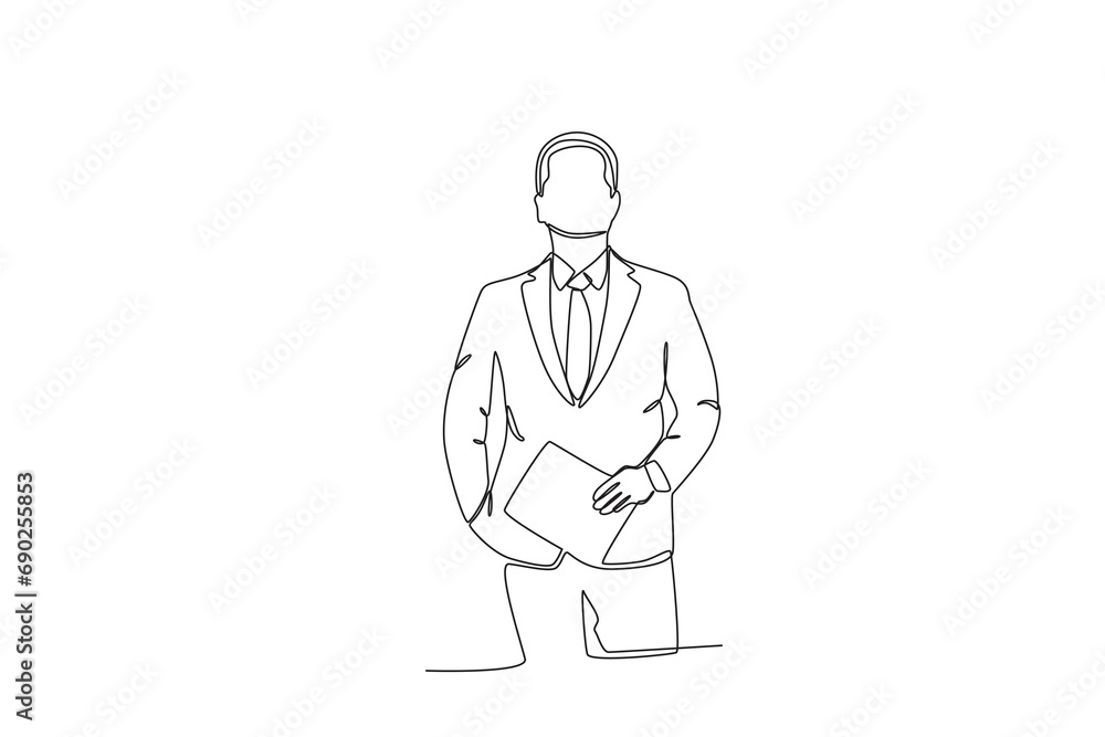 Continuous one line drawing TV news anchorman. News anchor broadcasting the news with a reporter live on screen. Journalist or reporter holding microphone. Single line draw design vector illustration.