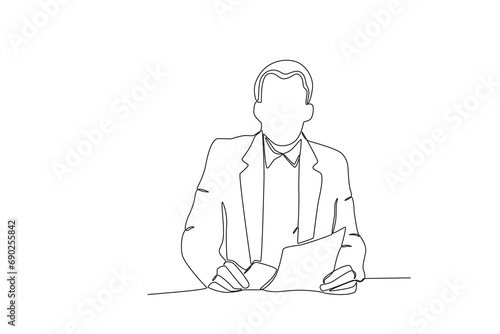 Continuous one line drawing TV news anchorman. News anchor broadcasting the news with a reporter live on screen. Journalist or reporter holding microphone. Single line draw design vector illustration.
