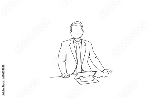 Continuous one line drawing TV news anchorman. News anchor broadcasting the news with a reporter live on screen. Journalist or reporter holding microphone. Single line draw design vector illustration.