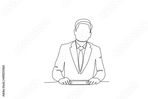 Continuous one line drawing TV news anchorman. News anchor broadcasting the news with a reporter live on screen. Journalist or reporter holding microphone. Single line draw design vector illustration.