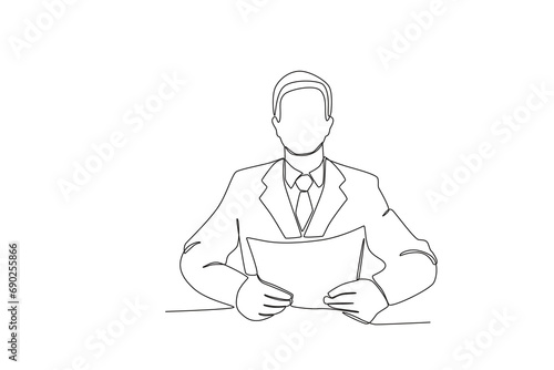 Continuous one line drawing TV news anchorman. News anchor broadcasting the news with a reporter live on screen. Journalist or reporter holding microphone. Single line draw design vector illustration.