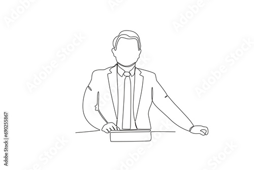 Continuous one line drawing TV news anchorman. News anchor broadcasting the news with a reporter live on screen. Journalist or reporter holding microphone. Single line draw design vector illustration.