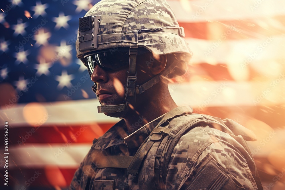 Portrait of a soldier in a military uniform on the background of the American flag Portrait of a soldier in a military uniform on the background of the American flag
