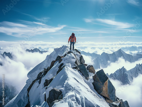 A determined climber overcomes obstacles, finally triumphing as they reach the challenging peak's summit.