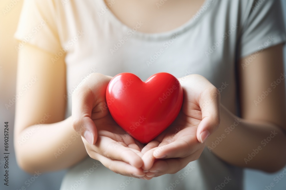 Obraz premium A woman holding a red heart in her hands. Perfect for expressing love and affection.