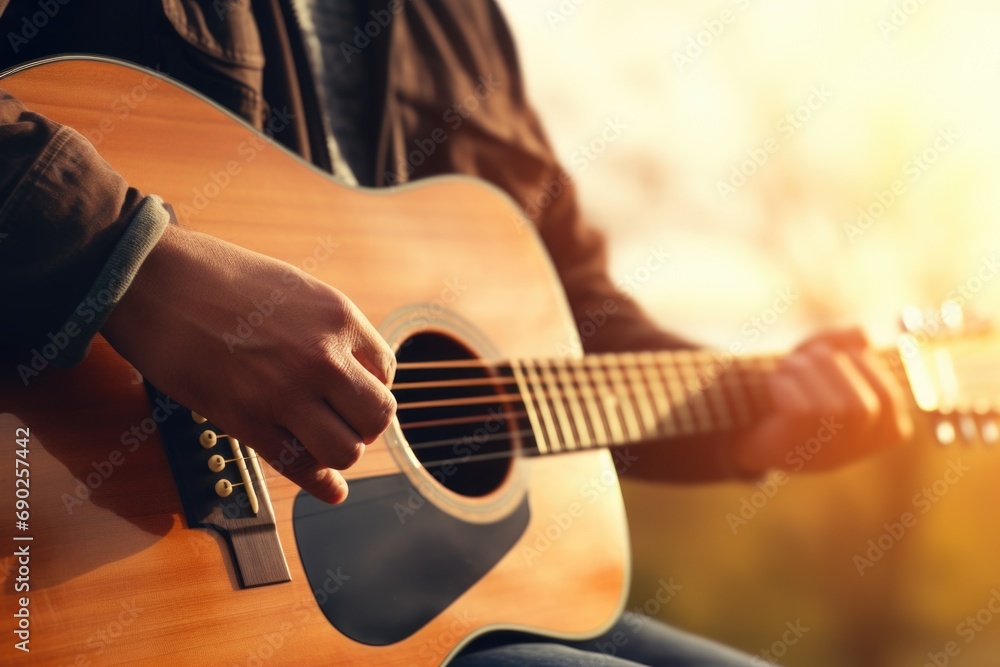 Obraz premium A person playing a guitar under the warm sun. Perfect for outdoor music events and summer vibes