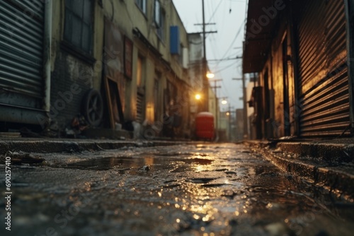 A wet street with a red fire hydrant in the distance. Suitable for urban scenes and cityscape photography
