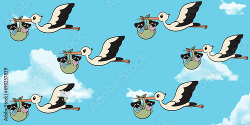 vector background of stork carrying puppies