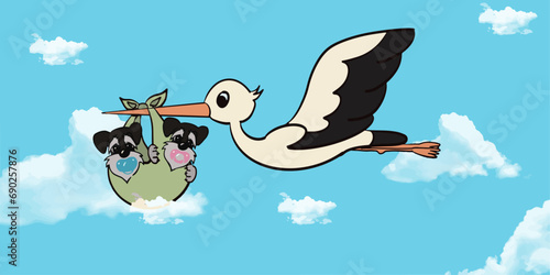 vector background of stork carrying puppies