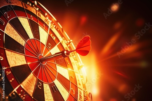 A dart hitting the center of a dartboard. Suitable for illustrating precision, accuracy, and hitting targets photo