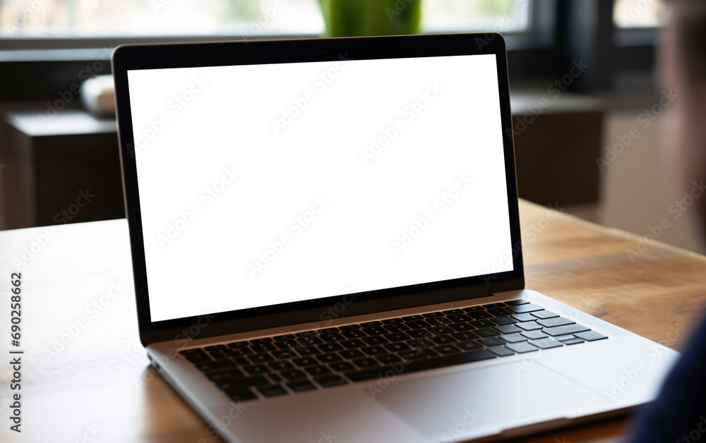 Unrecognizable man using laptop blank white screen at table in office