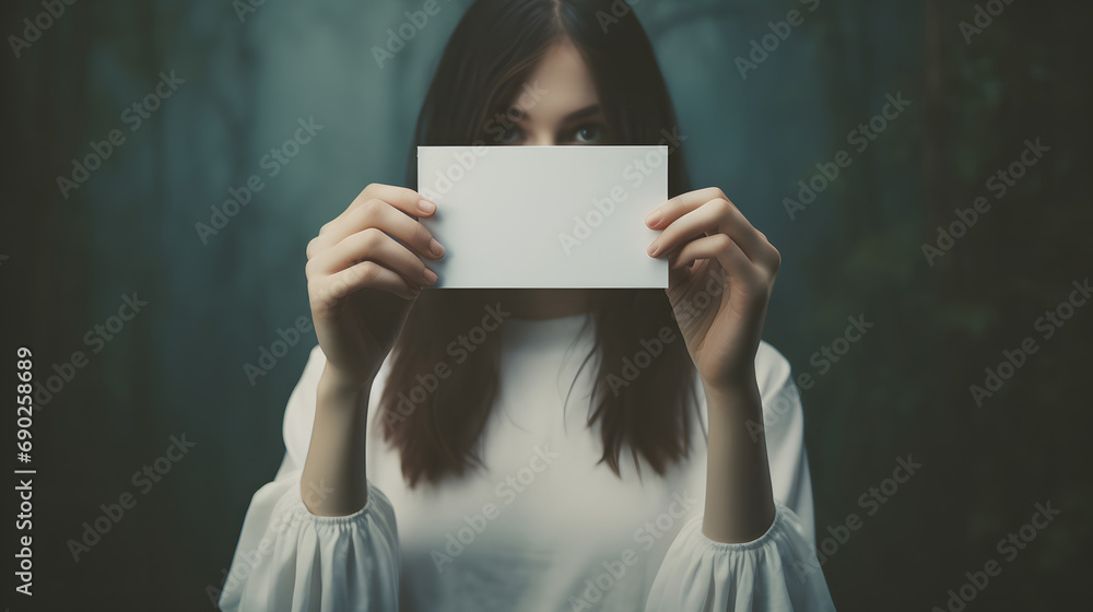 Naklejka premium Mysterious Woman Holding Blank White Card with Focus on Eyes