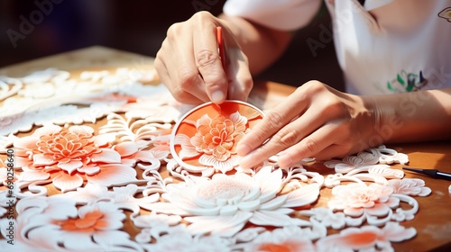 Artful mastery shines in carved auspicious paper, a delicate cultural craft symbolizing fortune and blessings, adorned with intricate motifs reflecting tradition and cultural richness.AI Generated
