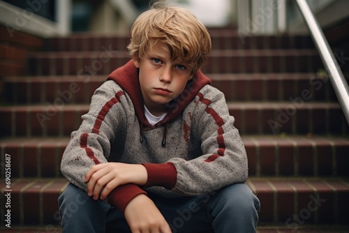 A young boy sitting on the steps of a building. Can be used to depict solitude, contemplation, or urban lifestyle