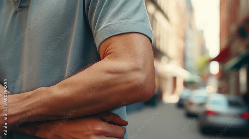 A man standing with his arms crossed on a busy city street. This versatile image can be used to depict confidence, determination, or urban lifestyle