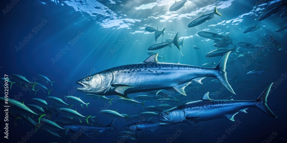 Shimmering barracudas swarm en masse in the deep blue sea. Shimmering barracudas swarm en masse in the deep blue sea.