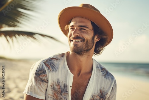 A man wearing a hat enjoying the beach. Perfect for travel and vacation themes