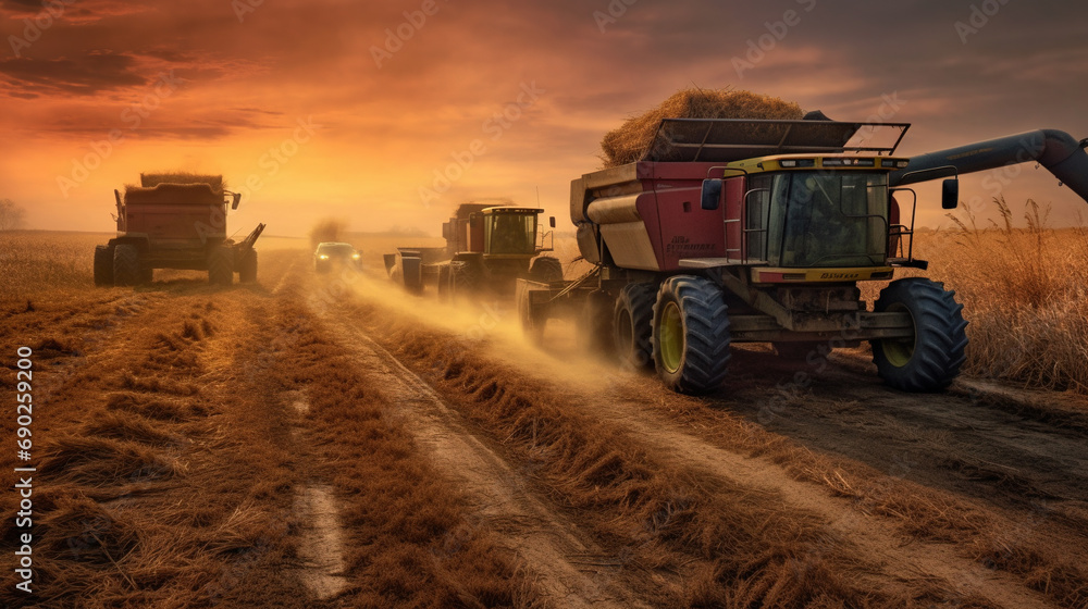Fototapeta premium A Tractor Pulling A Grey Planter On A Empty Field on Blurry Background