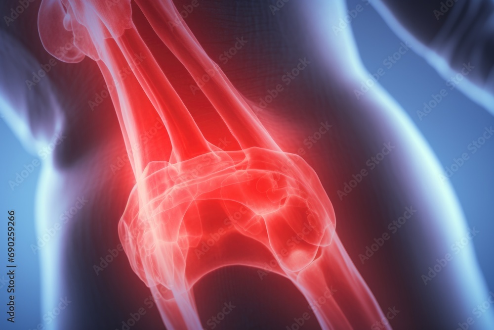 Close-up view of a person's knee bone, showing signs of pain. This image can be used to illustrate medical conditions, injuries, or treatments related to the knee joint