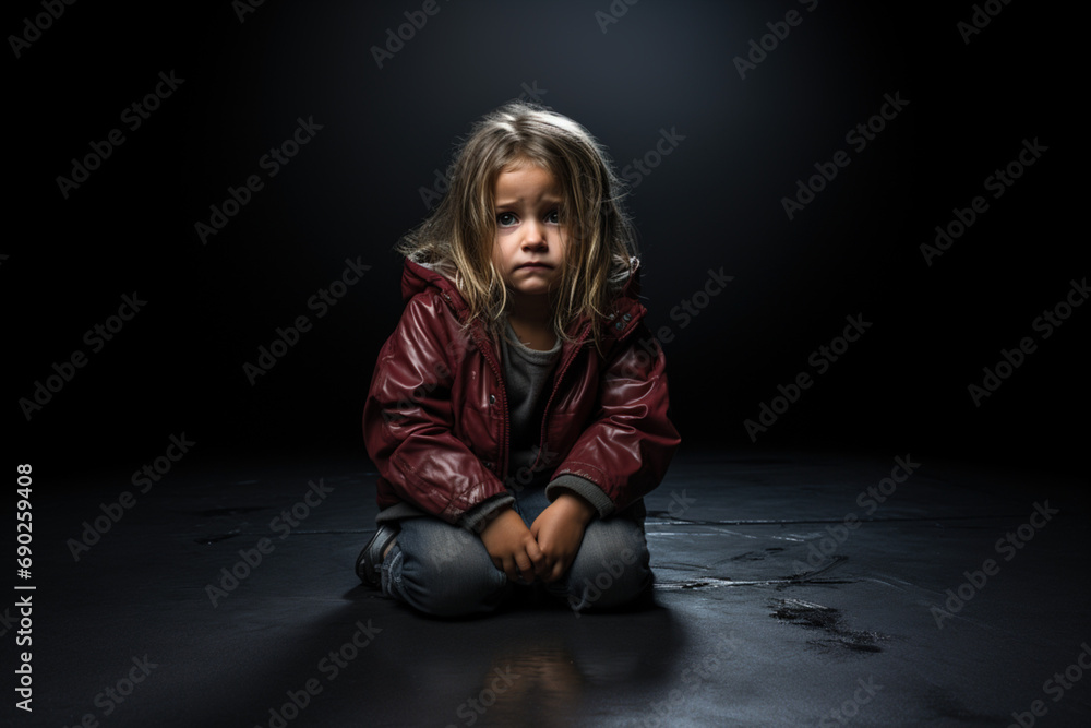 Sad child suffering from bulling sitting alone feeling loneliness. Unhappy cry scared fearful small kid on her knees on black studio background child abuse violence concept. Copy paste place for text Sad child suffering from bulling sitting alone feeling loneliness. Unhappy cry scared fearful small kid on her knees on black studio background child abuse violence concept. Copy paste place for text