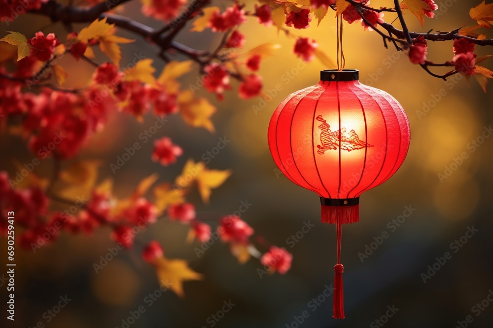 Red Chinese Lantern Hanging from Tree Branches in Autumn