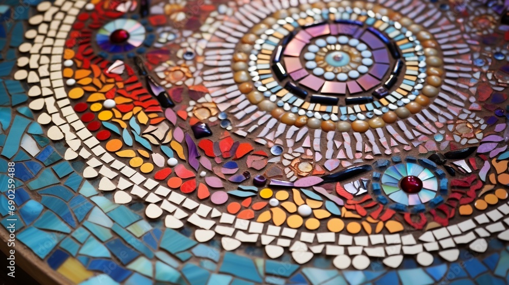 a vibrant mosaic artwork, its carefully arranged tiles forming intricate patterns and designs, symbolizing the meticulous craftsmanship and artistic precision of the creator.