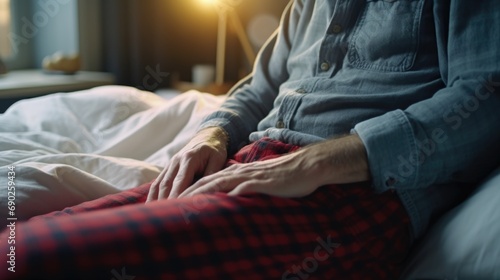 A man sitting on top of a bed next to a lamp. Suitable for various lifestyle and interior design themes