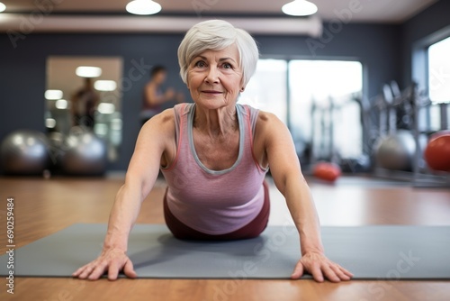 Senior Woman Doing Yoga in Gym