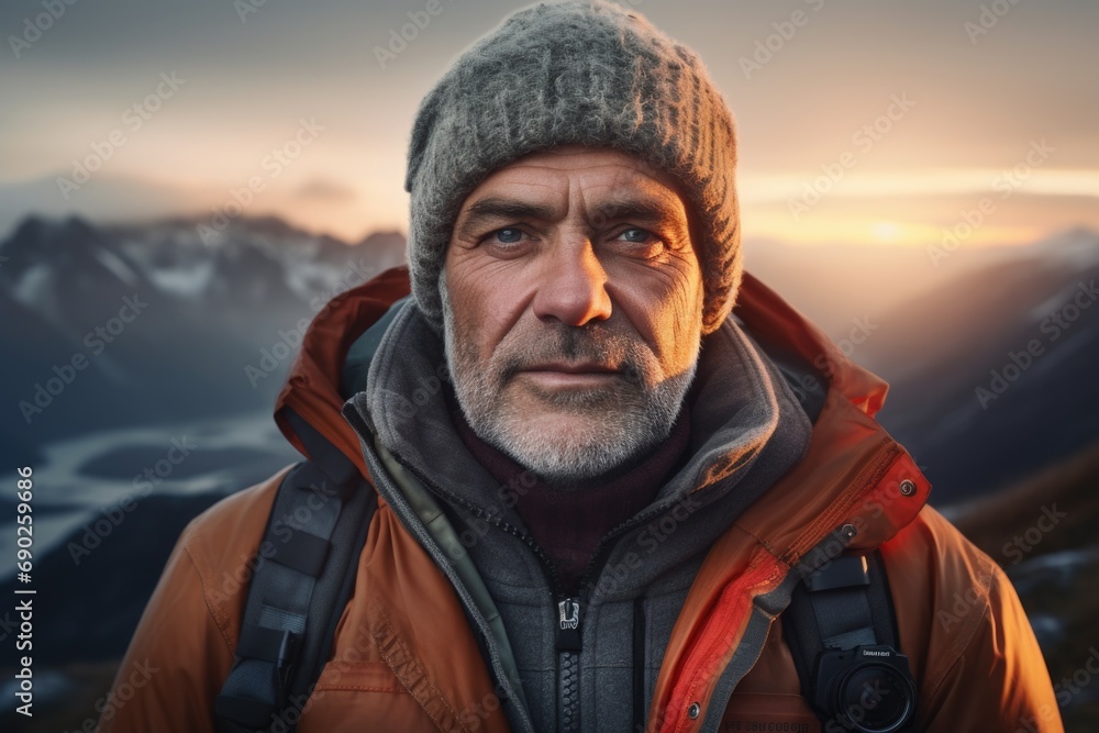 A man wearing a hat and jacket standing in front of a majestic mountain. This image can be used for outdoor adventure or travel themes A man wearing a hat and jacket standing in front of a majestic mountain. This image can be used for outdoor adventure or travel themes