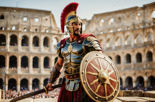 An Roman SPQR gladiator in authentic armor, holding a shield and sword, standing against a backdrop of the Colosseum, majestic and strong pose