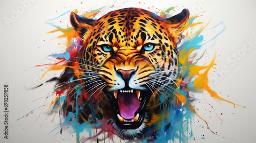 a vibrant painting of a fierce leopard, its powerful gaze and sleek fur captured in vivid colors on a white background, showcasing the beauty and strength of wildlife.