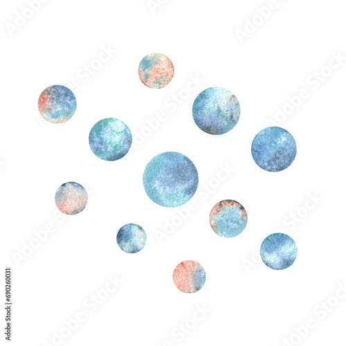Blue, turquoise, coral water bubbles. Hand drawn watercolor illustration. Sea animals, underwater world, seafood. Set of isolated objects on a white background for decoration and design.