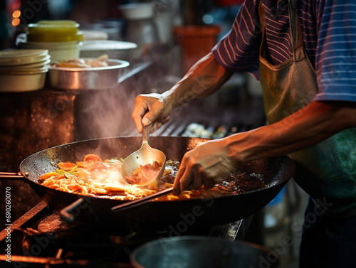Busy street food vendor wearing a white apron and hat while serving delicious local cuisine.