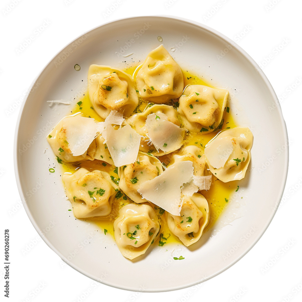 tortellini with butter and parmesan cheese isolated on transparent