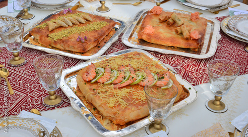 Moroccan pie stuffed with fish and chicken, served at Moroccan weddings and events
