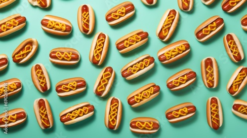 Hot dogs pattern. Hotdogs isolated on green background. Street food, snack, sausage, mustard, ketchup.