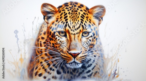 a vibrant painting of a fierce leopard  its powerful gaze and sleek fur captured in vivid colors on a white background  showcasing the beauty and strength of wildlife.