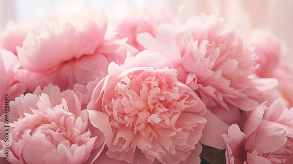 Bouquet of stylish peonies close-up. Pink peony flowers. Close-up of flower petals. Floral greeting card or wallpaper. Delicate abstract floral pastel background. Greeting card. Generated AI